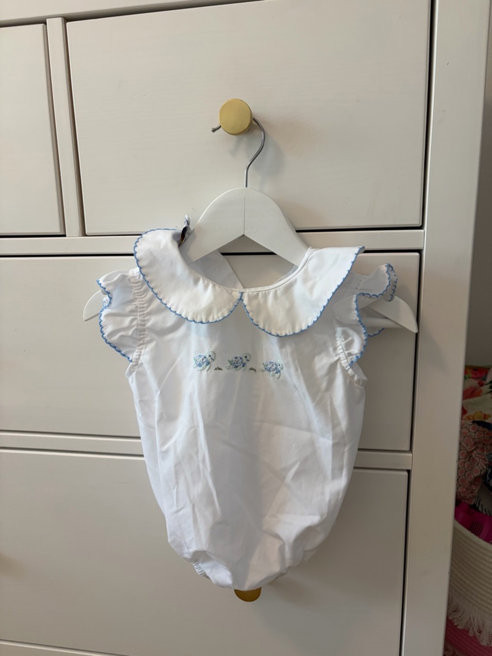 The Bailey Boys White Collared Bubble Romper Turtle Embroidery Size 6 Months